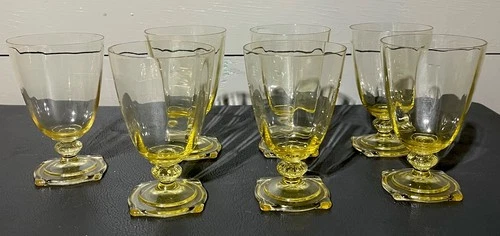 Vtg Heisey “Empress” Set Of 7 Sahara Yellow Depression Glass 5-1/4” Goblets