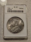 1936 Canada Silver Dollar Uncirculated Anacs MS63 Canadian $1, Old Small Holder
