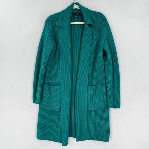 Ann Taylor Sweater Womens Small Green Open Front Long Collared Knit Cardigan