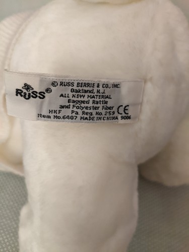 Russ Berrie Vintage Plüsch weißer Teddybär Rasseln - 7 Zoll Stofftier Neu mit Etikett - Bild 6 von 9