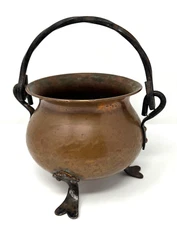 Vintage Hammered Copper Cauldron Pot Footed Made in Germany Wrought Iron Handle