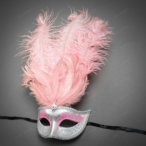 Pegasus Warrior Silver & Silver Mardi Gras Pink Tall Feather Couple Party Masks - Picture 8 of 9