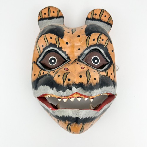 Vintage Wood Tiger Mask Hand Carved w/ Hinged Jaw Indonesia - Picture 2 of 11