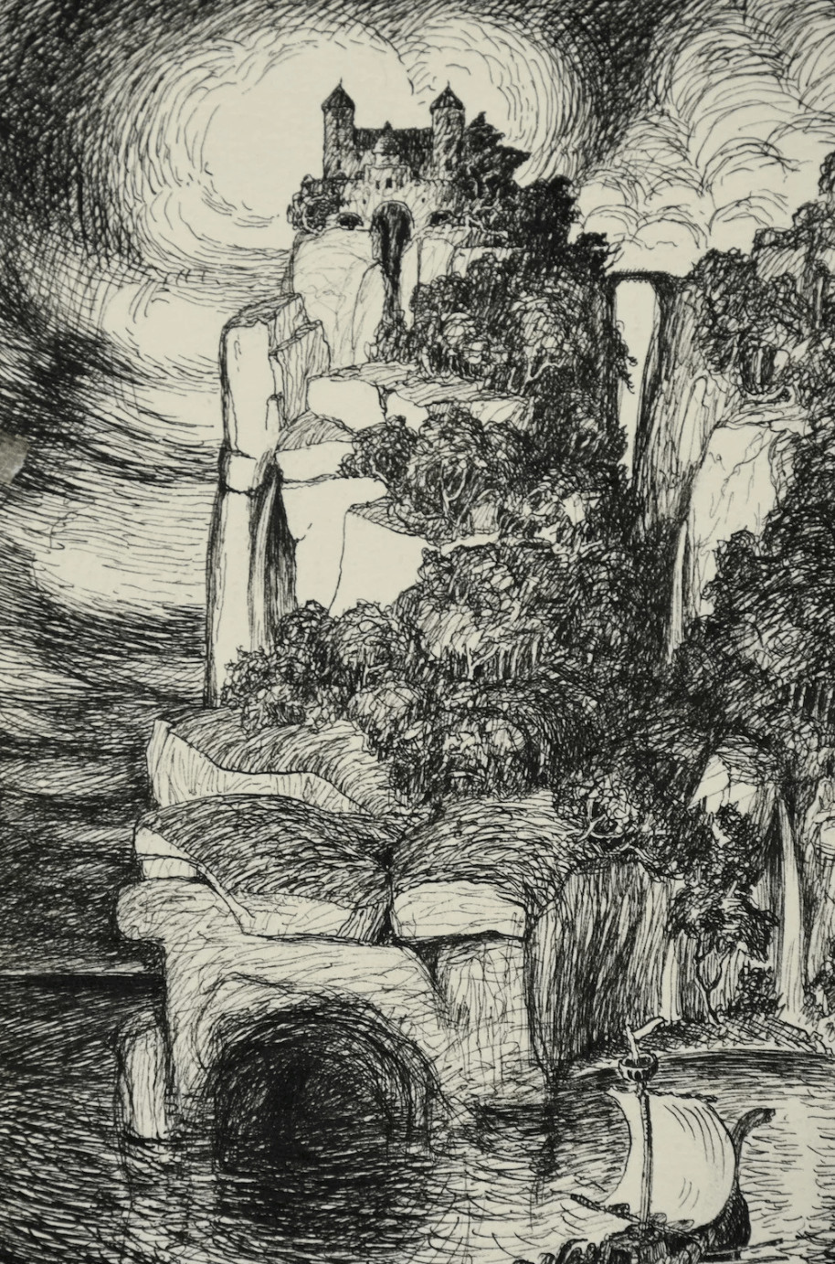 Castillo en una montaña, 1916 | Dibujo de pluma de Georg Liebhart | Meggendor...