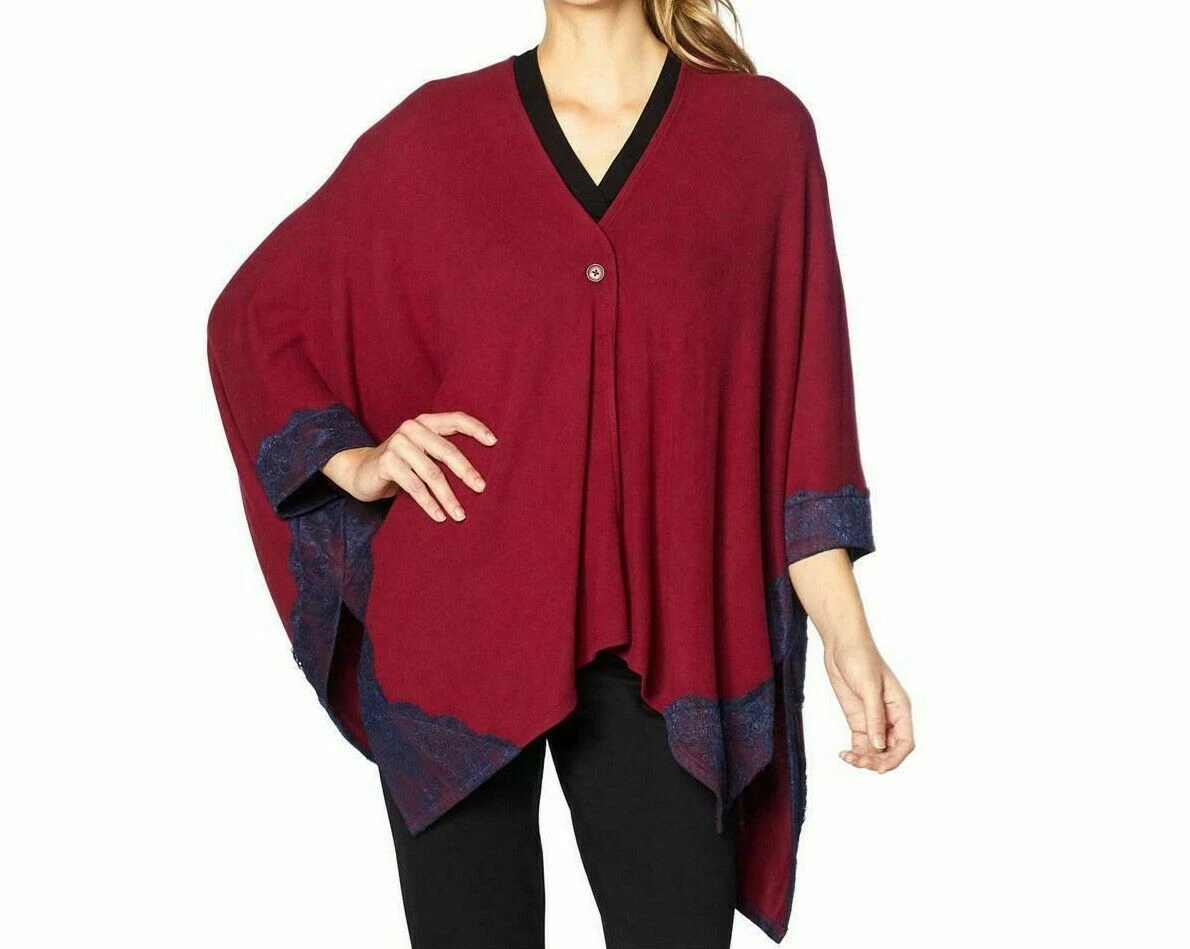 Soft & Cozy Brushed Hacci Knit Poncho with Lace Trim Burgundy Missy, One Size