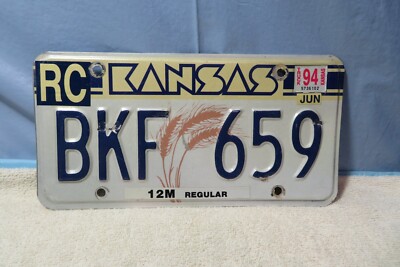 1994 JUNE Kansas License Plate RC  BKF 659  Rice County Truck Tag 12M Regular