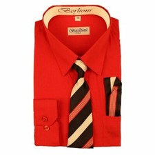 BERLIONI ITALY KIDS BOYS DRESS SHIRT LONG SLEEVE WITH TIE  HANKY SOLID RED