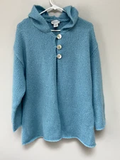Soft Surroundings Womens Blue Knit Hooded Sweater Shell Buttons Mohair Blend PL
