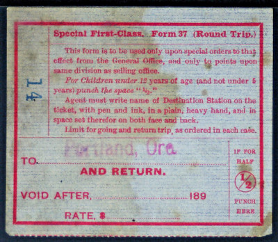 Railroad Ticket  Round Trip to Portland Or . P & W W V Ry Narrow  1896  PASS265
