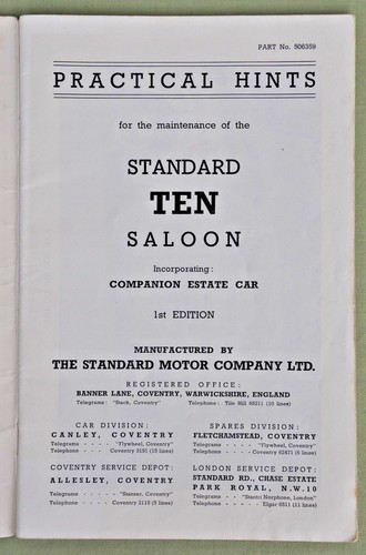 Practical Hints For The Maintenance Of The Standard 10 Saloon Estate 1st Edition - Picture 2 of 10