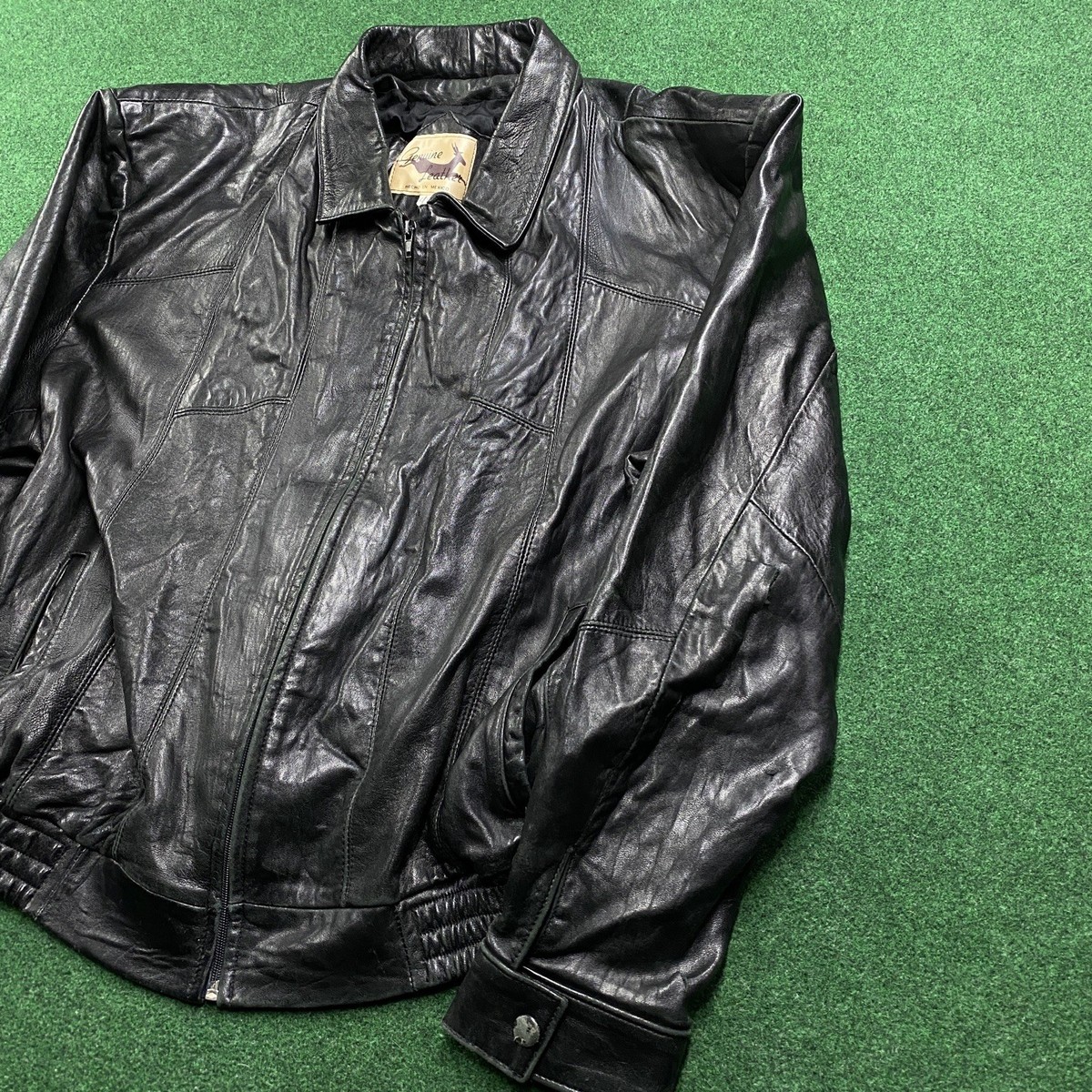 Vintage Heavy Leather Jacket Mens 48 Black 70S Full Zip Coat Made