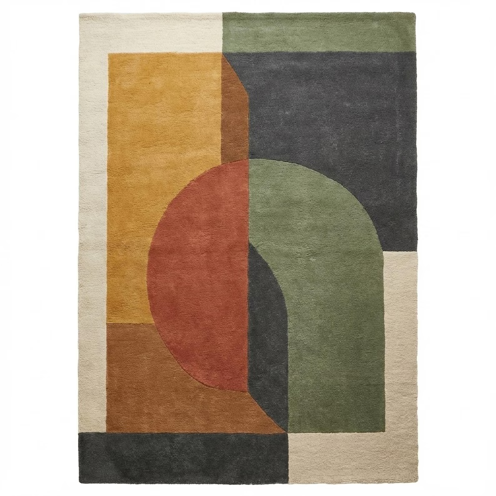 Colorful HandTufted Wool Area Rug, Geometric Green Rust, Mustard Gray Modern rug