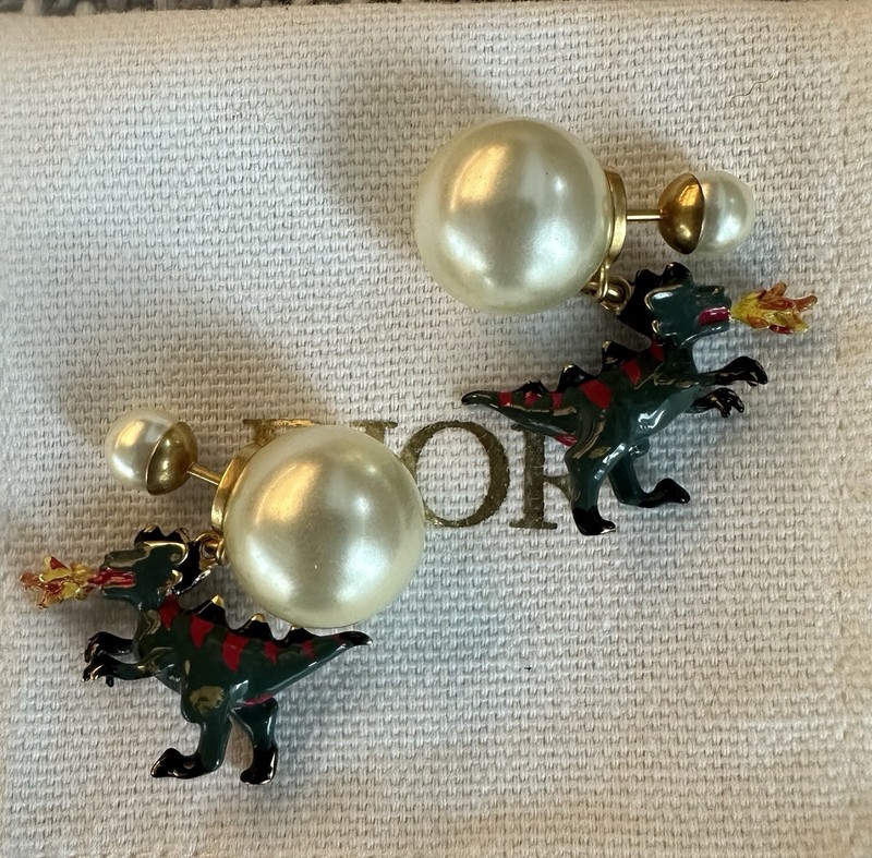 Christian DIOR Tribales Dragon Pearl Earrings Double Tribal Gold Charm Rare
