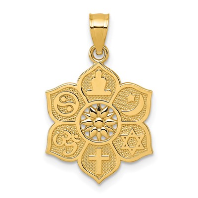 14k Gelbgold poliert und strukturiert Multi-Glauben Symbol Blume Anhänger