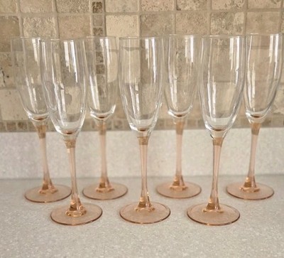 7 VTG Luminarc France Peach Pink Rose Stemmed Champagne Flute Glasses-8.75 