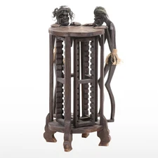 Tribal Folk Art Carved Wood Accent Table w/ Rotating CD Rack