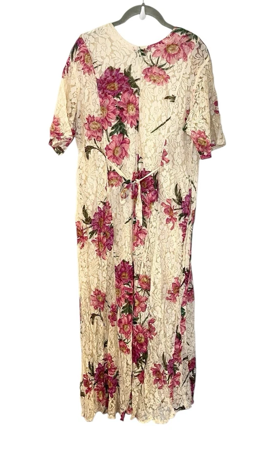Vtg Starina Dress Ivory Pink Floral Cottagecore Tie Back Fit Flare Midi Fairy L - Image 2 of 4