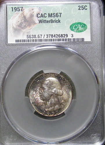1957 Washington Quarter Silver MS-67 Rainbow Toned Witterbrick CAC Graded #601C