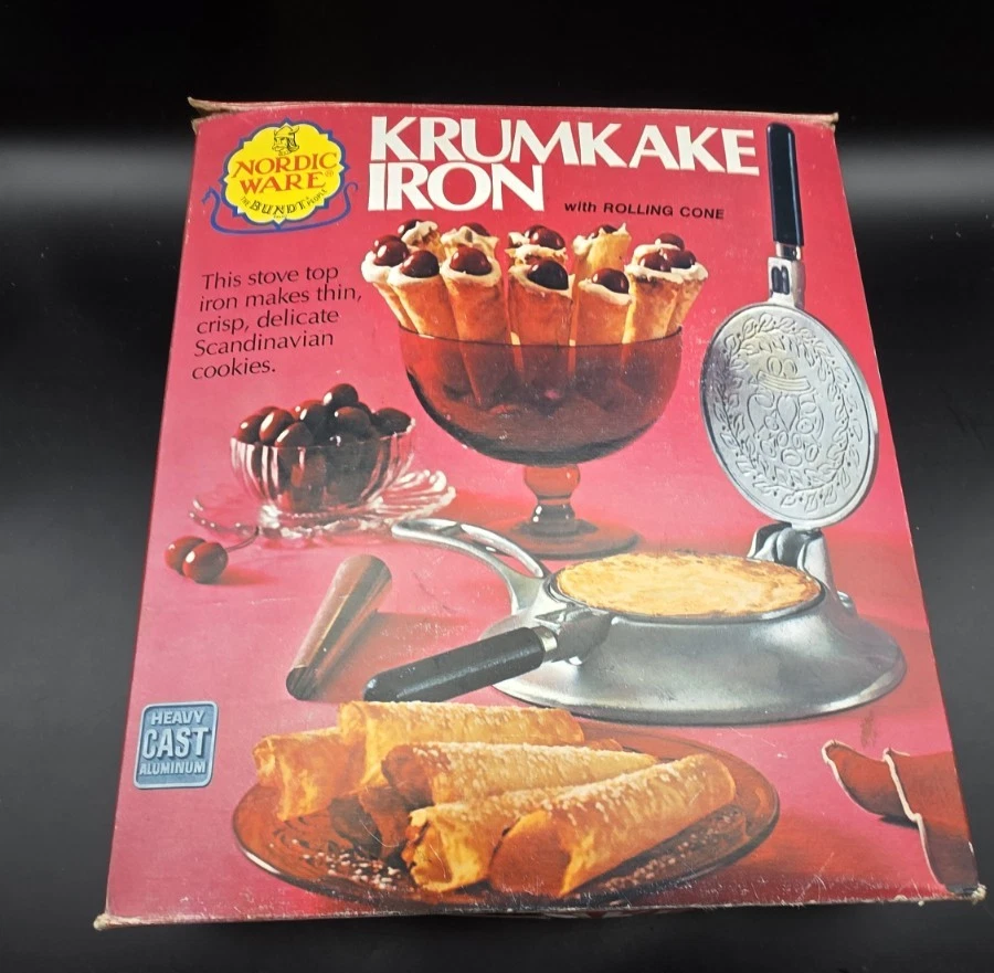 Vtg Scandinavian Nordic Ware Krumkake Iron with Wood Handle Stand & Cone in Box