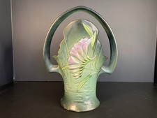 1945 Roseville Pottery Freesia Basket with Handel Shape 392-10 Green