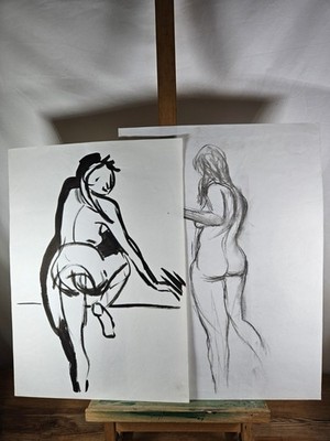 MOLLIE WALLACE ORIGINAL AKT LEBEN ZEICHNUNGEN SET AUS ZWEI TUSCHE- UND KOHLESTUDIEN
