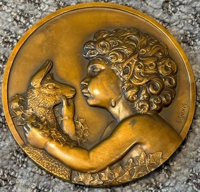 Vintage 1936 French Bronze Art Deco Medal ''Faun & The Antelope'' by Rene Thenot