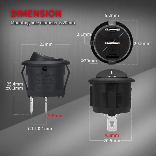 5PCS 12V Mini Round Rocker Switch SPST ON Off 2 Pin Car RV Automotive ...
