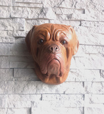 LARGE PAINTED STONE  DOGUE DE BORDEAUX  DOGS HEAD WALL PLAQUE SCULPTURE
