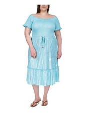 MICHAEL KORS Womens Smocked Short Sleeve Off Shoulder Midi Shift Dress