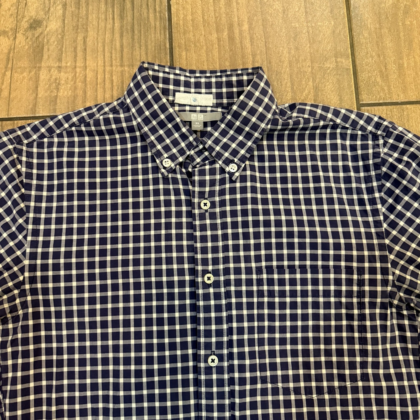 Uniqlo Long Sleeve Cotton Navy Blue White Gingham Check Button Up Shirt Men's XS thumbnail 11