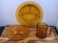 Vintage Amber Indiana Glass Nursery Rhyme Grill Plate, Bowl and Mug 3 Pc Set