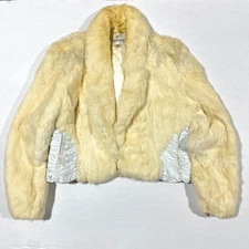 Vtg Bermans Womens Rabbit Fur & Leather Coat Jacket Satin Lined Designer Medium