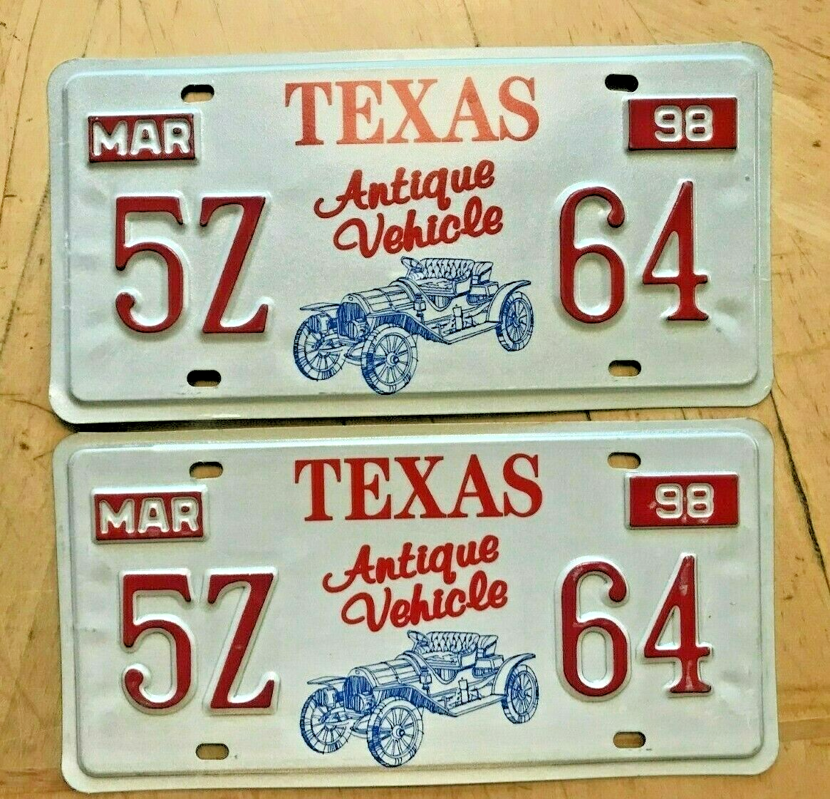 1998 TEXAS ANTIQUE VEHICLE AUTO LICENSE PLATE PLATES PAIR 