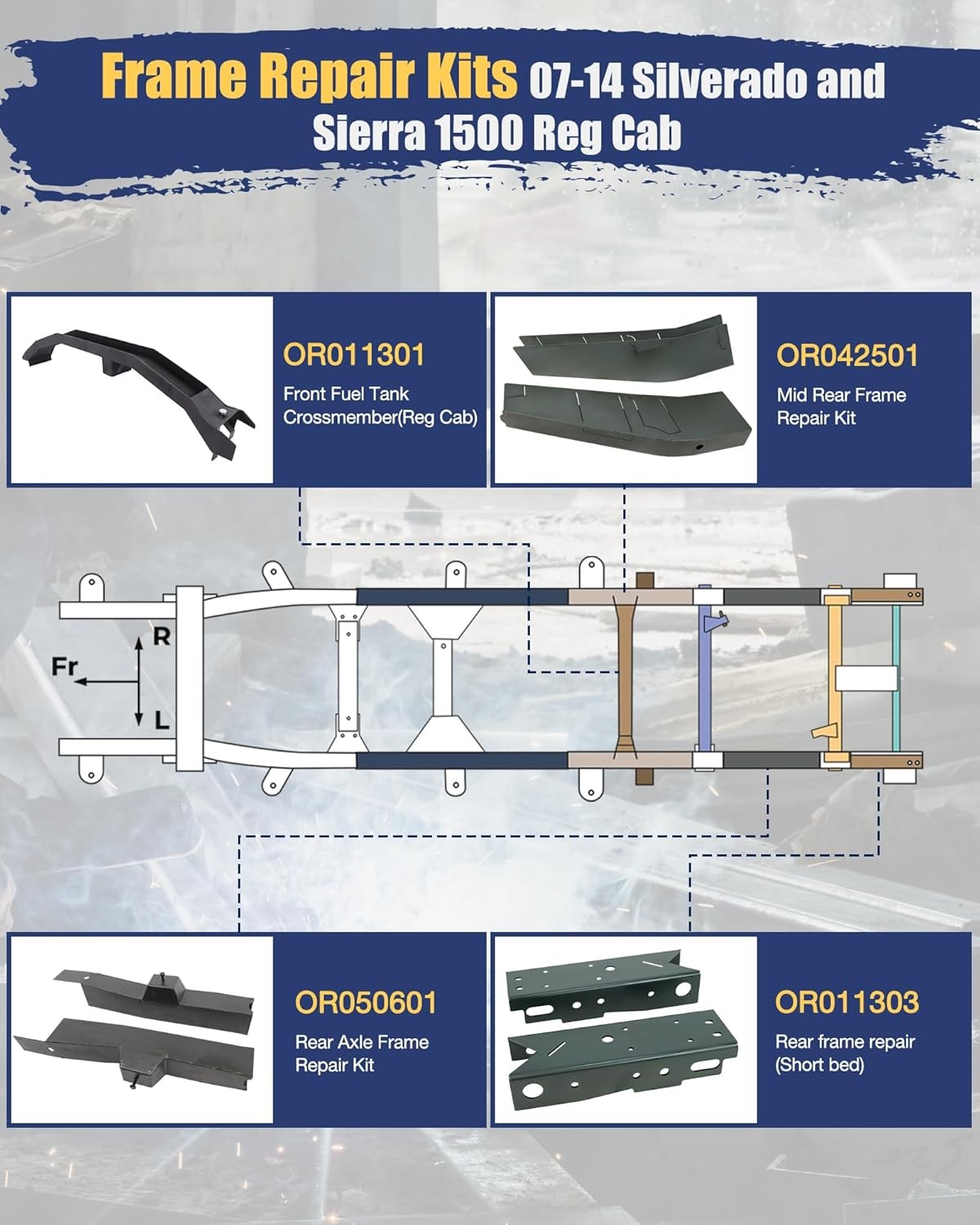 Mid Rear Frame+Rear Fuel Crossmember for 07-14 Silverado/GMC Sierra 1500 Reg Cab