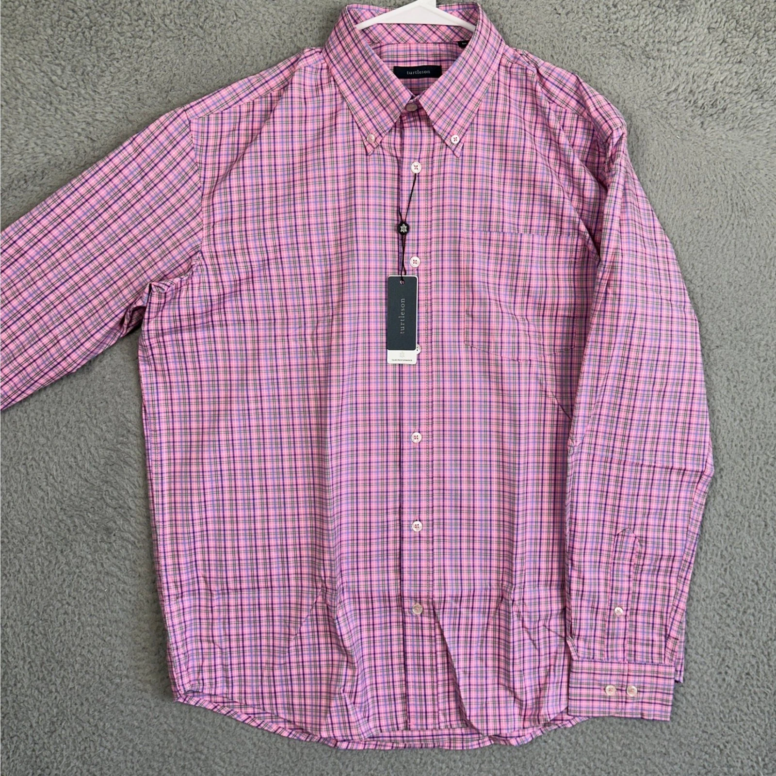 NEW Turtleson Shirt Mens Medium Pink Tour Performance Plaid Button Down Stretch