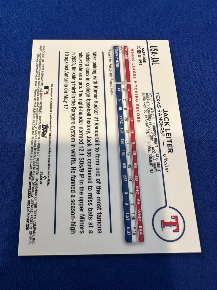 2024 Topps Chrome Update Series Sapphire Edition - Autographs Jack Leiter.. - Image 3 of 3
