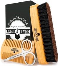 Beard Brush for Men with  Mustache Comb Set, 4 Piece Bamboo