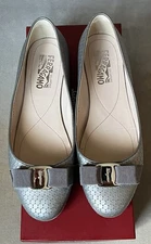 Salvatore Ferragamo New Silver Gray Leather Varina Bow Flats Shoes 9 B