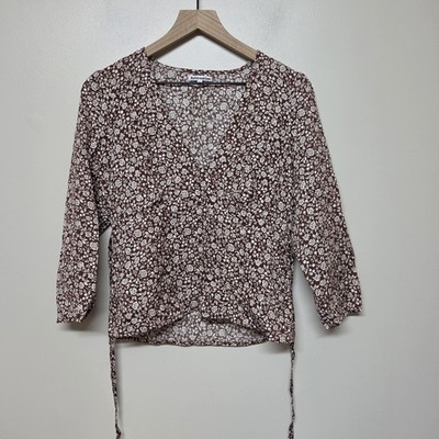 Reformation Artesia Top S Brown Floral Tie Back V Neck 3/4 Sleeve Tencel