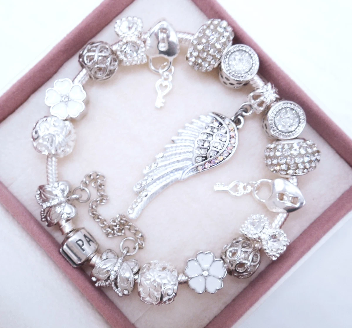PANDORA SILVER CHARM BRACELET MOM ANGEL WIFE LOVE HEART WHITE