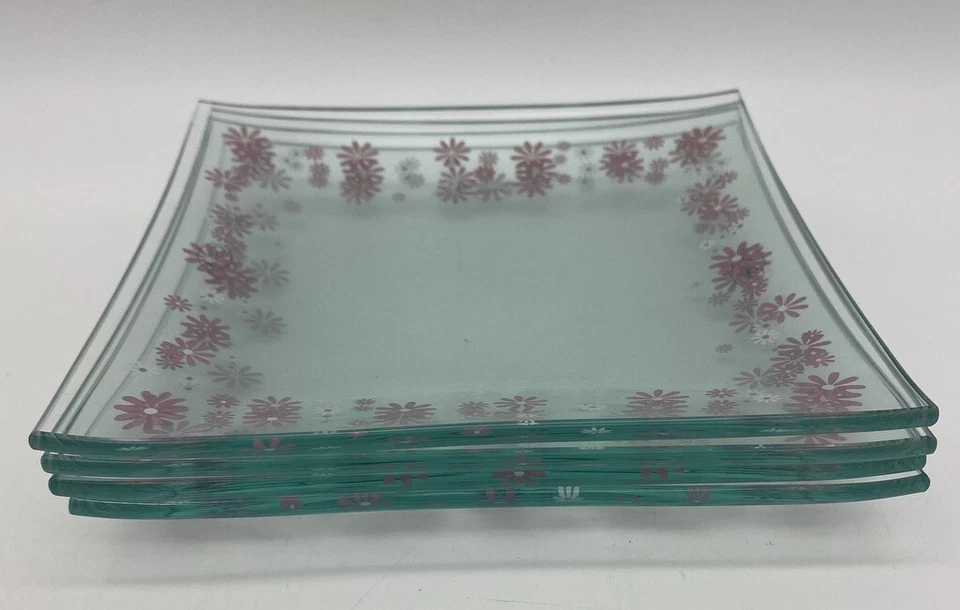 Pampered Chef Daisy Dessert Plates 6"Square # 2818 Pink Clear Set of 4 New - Image 2 of 4