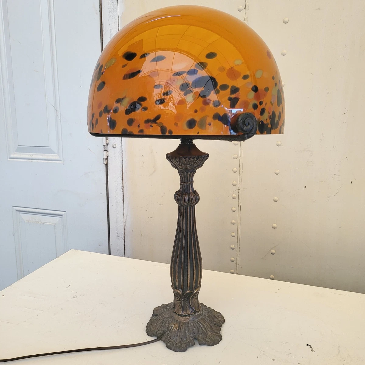 Art Nouveau Table Lamp Bronze Base Hand Blown Glass Shade Orange