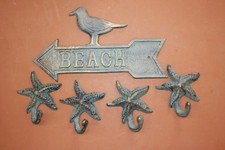 5 BEACH DECOR, Seagull Design Beach Sign Wall Plaque and Starfish Wall Hooks,