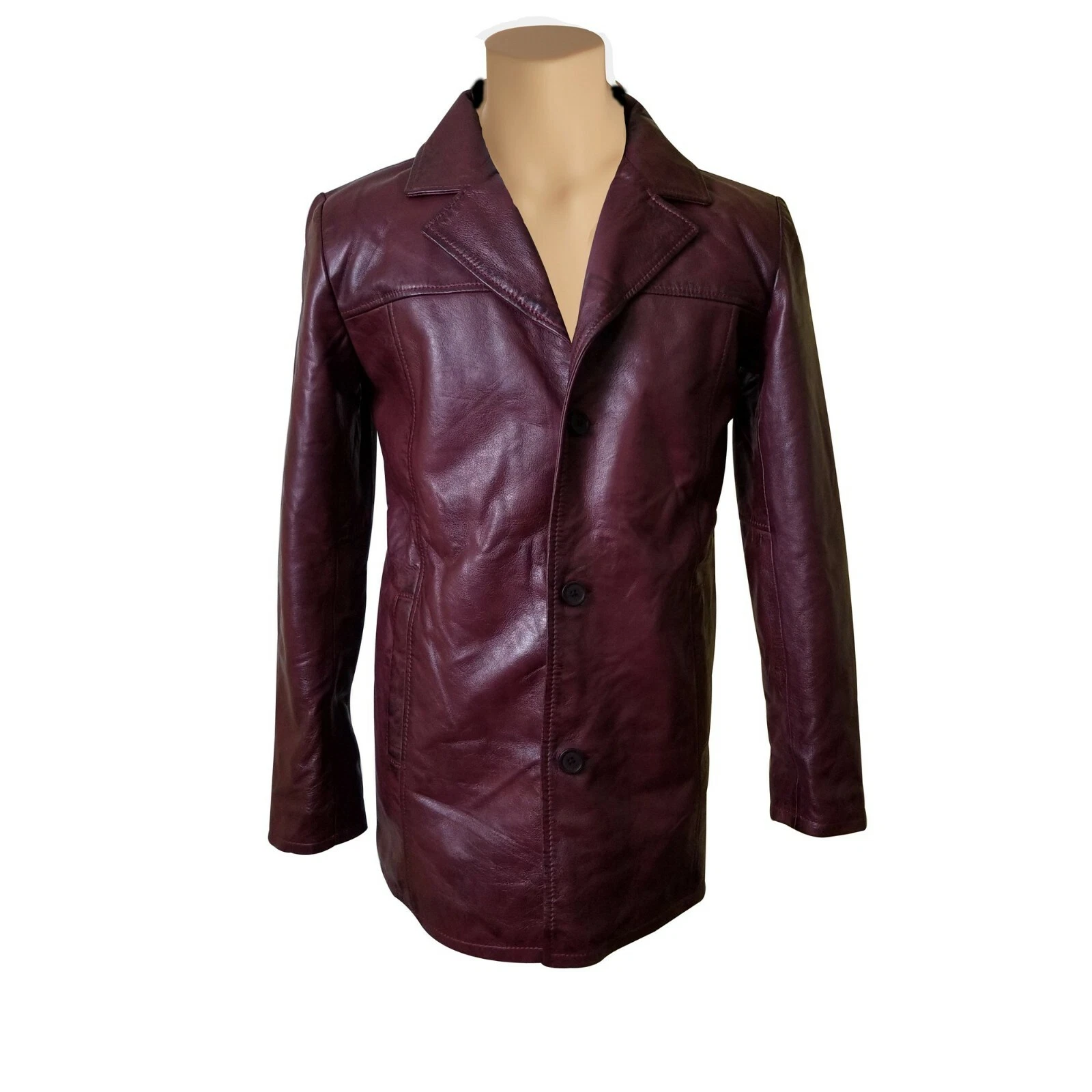 Maroon 3-Button Leather Coat