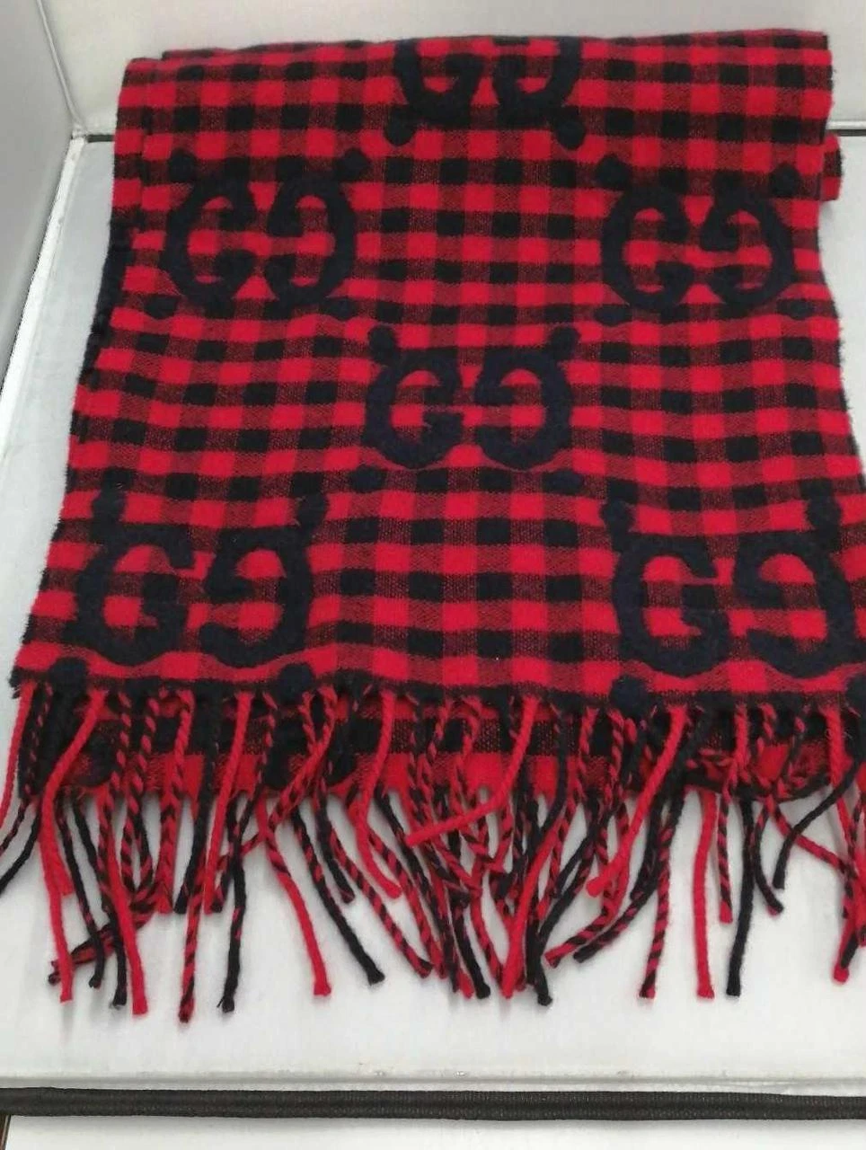 Écharpe authentique Gucci laine jacquard rouge noir logo rare unisexe taille 35 × 250 cm
