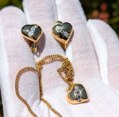 Vintage Courreges Gold Plated Crystal Heart Earrings And Pendant Jewelry Set