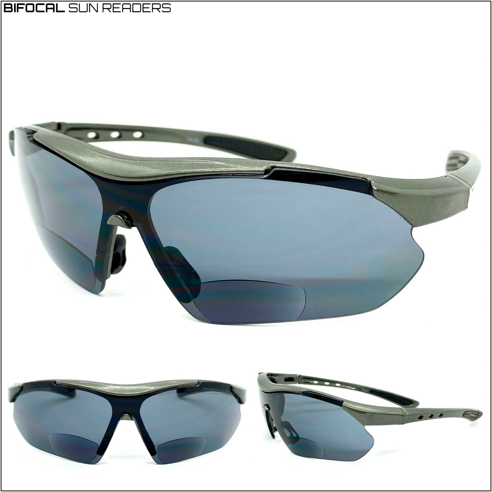 Gafas De Sol BIFOCAL Para Lectura Deportivas Para Hombre Con Montura Grande Gris