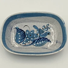 Handmade Tonala Mexico Blue Pottery Dish Bird Flowers Gray 7.75 x 5.5" x 1.2"