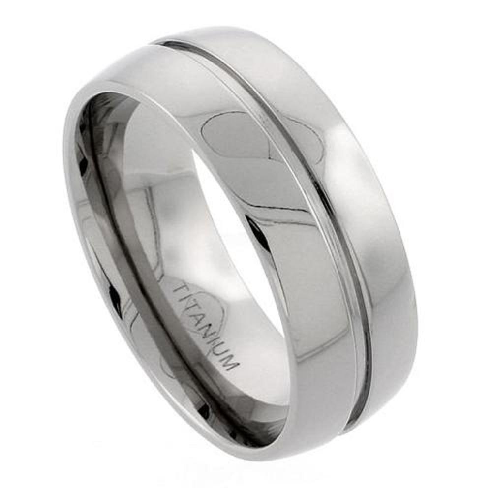 9mm Titanium Domed Wedding Band Ring, Grooved Center Polished Finish Comfort Fit-image