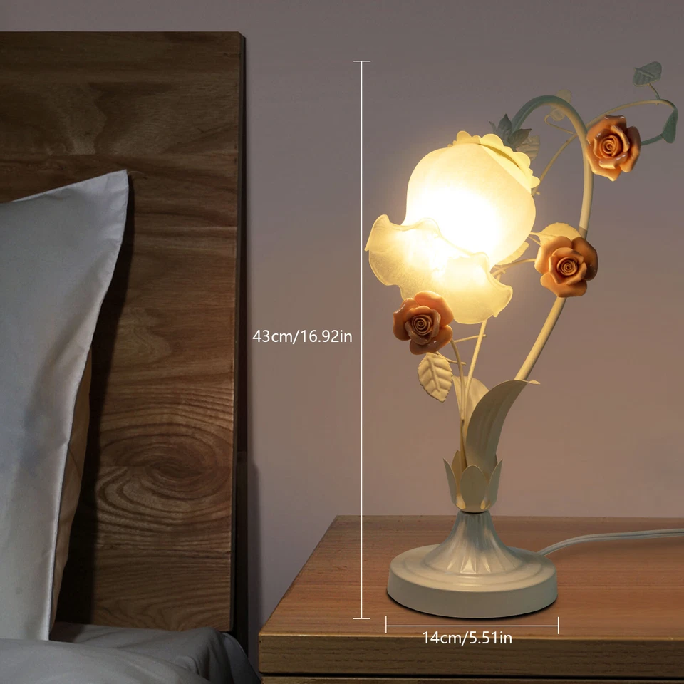 60W Elegant Roses Flower Glass Table Lamp Light Glass Lampshade Pink White US - Image 4 of 4